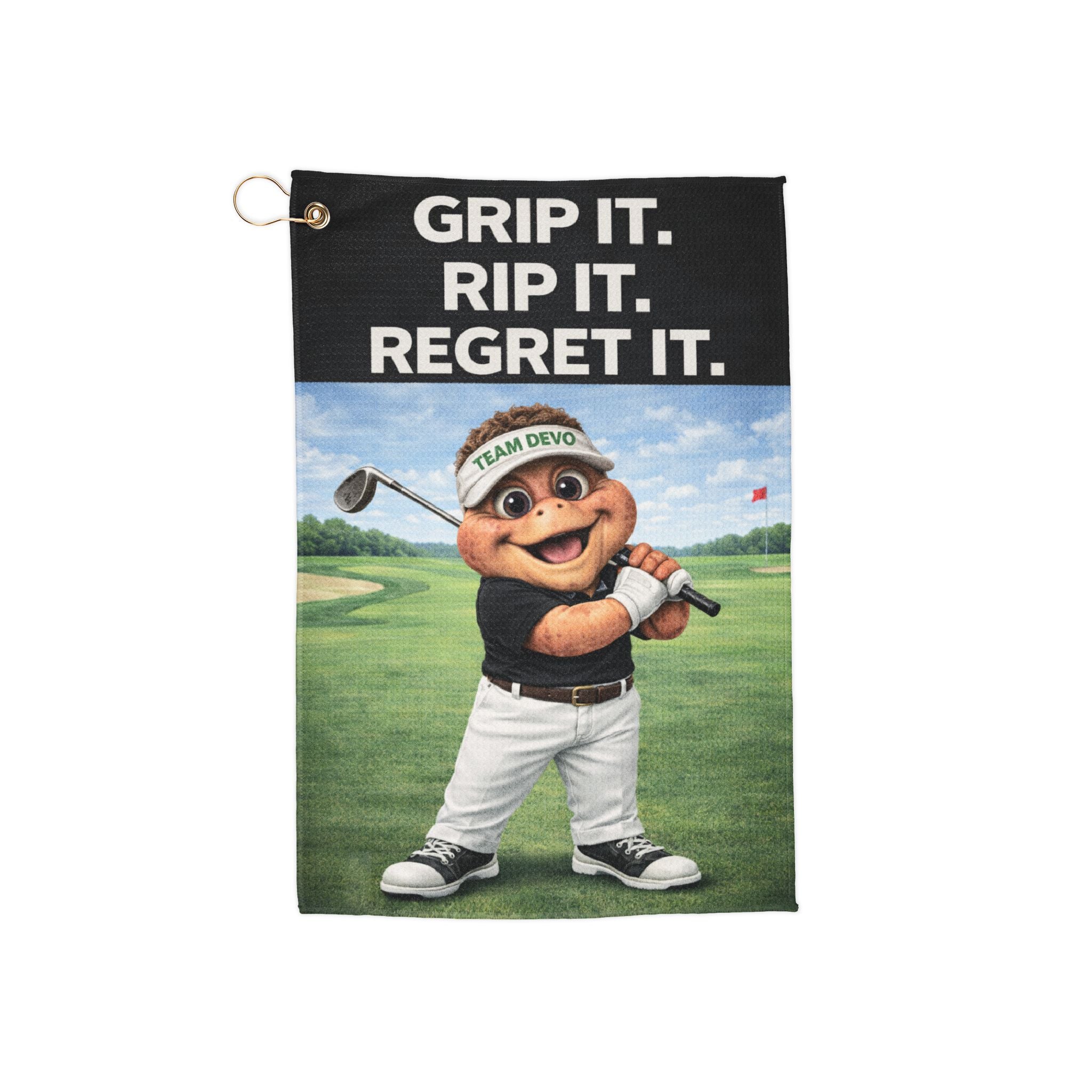 Team Devo Funny Golf Towel – “Grip It. Rip It. Regret It.” | Golf Bag Accessory Gift