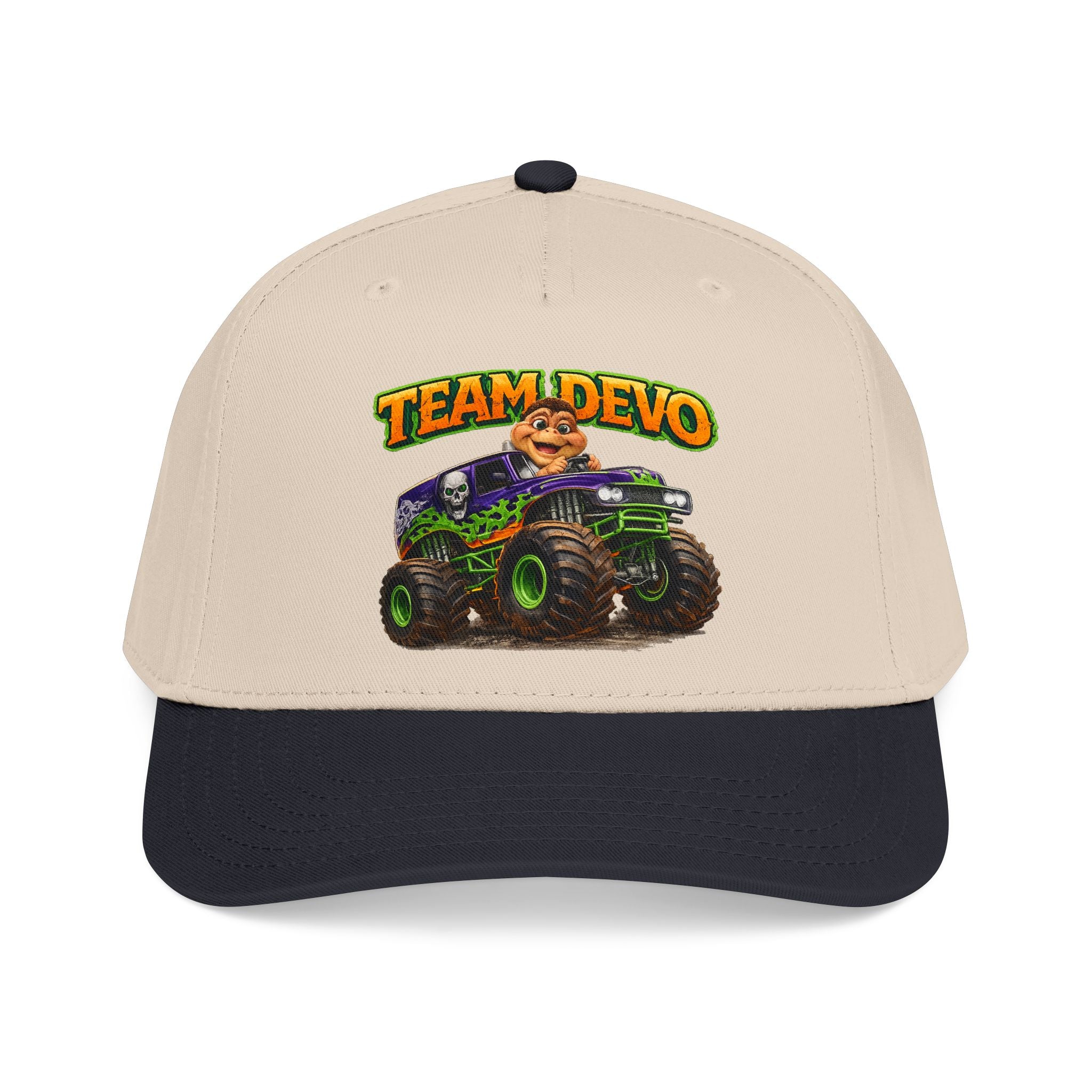 TEAM DEVO Monster Truck Hat – Retro Cartoon Racing Logo Snapback